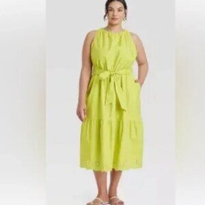 Ava & Viv Lime Green Chartreuse Sleeveless Midi Ruffle Tier Eyelet Dress NWT 4X
